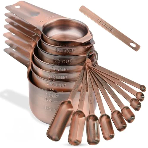 Genuine Copper Measuring Cups and Spoons Set 17 Detailed