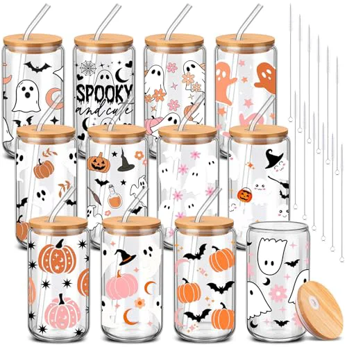 Unique 12 Pcs Halloween Ghost Glass Cups Bulk 16 oz Cute Pink Spooky Iced Coffee Cup with Lids Straws Pastel Pumpkin Bat Tumbler Funny Halloween Mug Gifts Boo Basket Stuffers for Her Women Adults 12 Count Refined