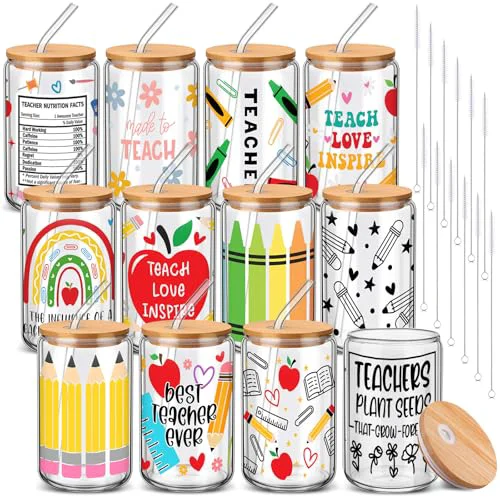 Secure 12 Sets Back to School Teacher Gifts Bulk 16 oz Apple Crayon Pencil Glass Cup with Lid and Straw Iced Coffee Tumbler for Teacher from Students First Day of School Party Favors 12 Count Detailed