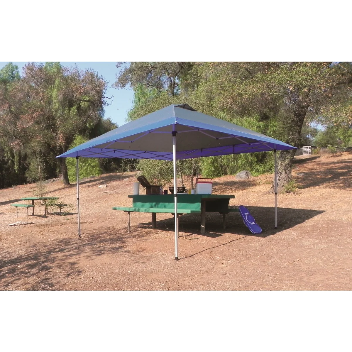 Prestigious Crown Shade Mega Shade 12 Ft. x 12 Ft. Cool Gray Steel Frame with Gray Blue Canopy Manual Awning Fashionable
