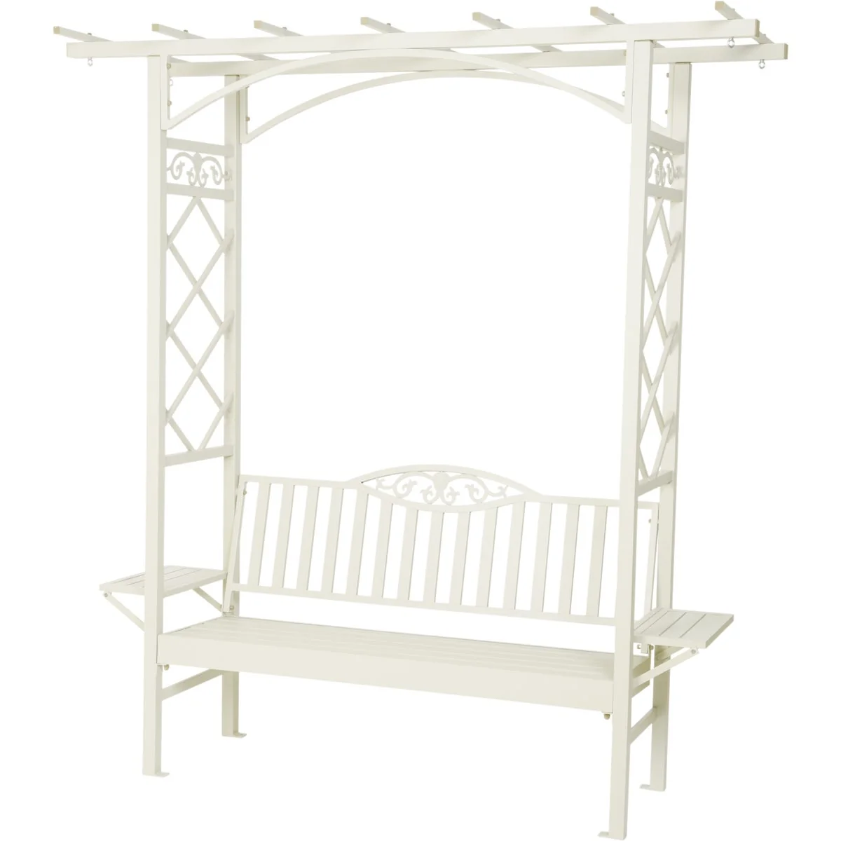 World-Class Decoris Garden Furniture Barolo 6 Ft. L. White Aluminum Bench with Folding Side Tables High-Quality