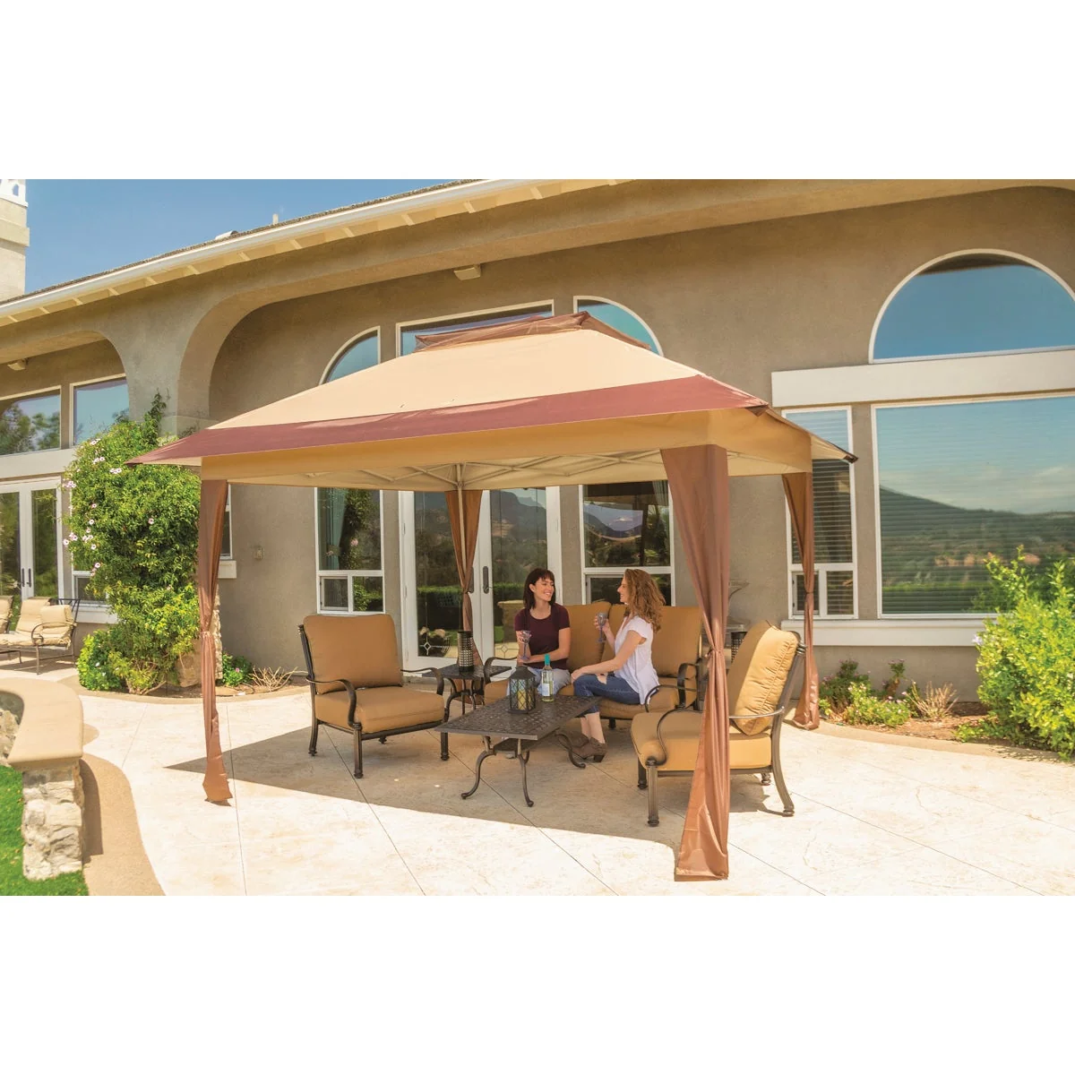 Sophisticated Crown Shade 12 Ft. x 12 Ft. Cool Gray Steel Frame with Brown Tan Khaki Canopy Gazebo Luxury