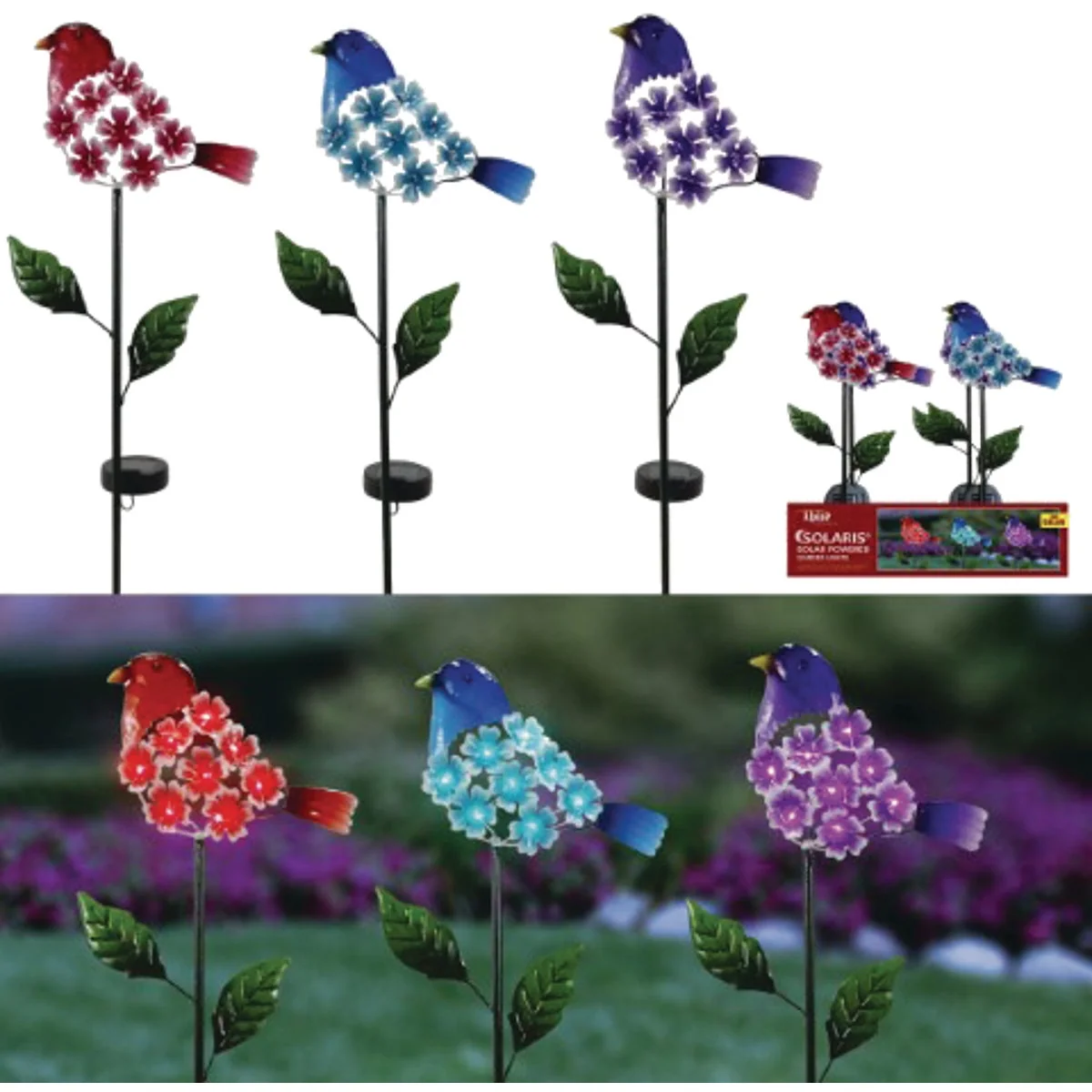 Secure Alpine Solaris Plastic Hydrangea Floral Bird Solar Garden Stake Lightweight