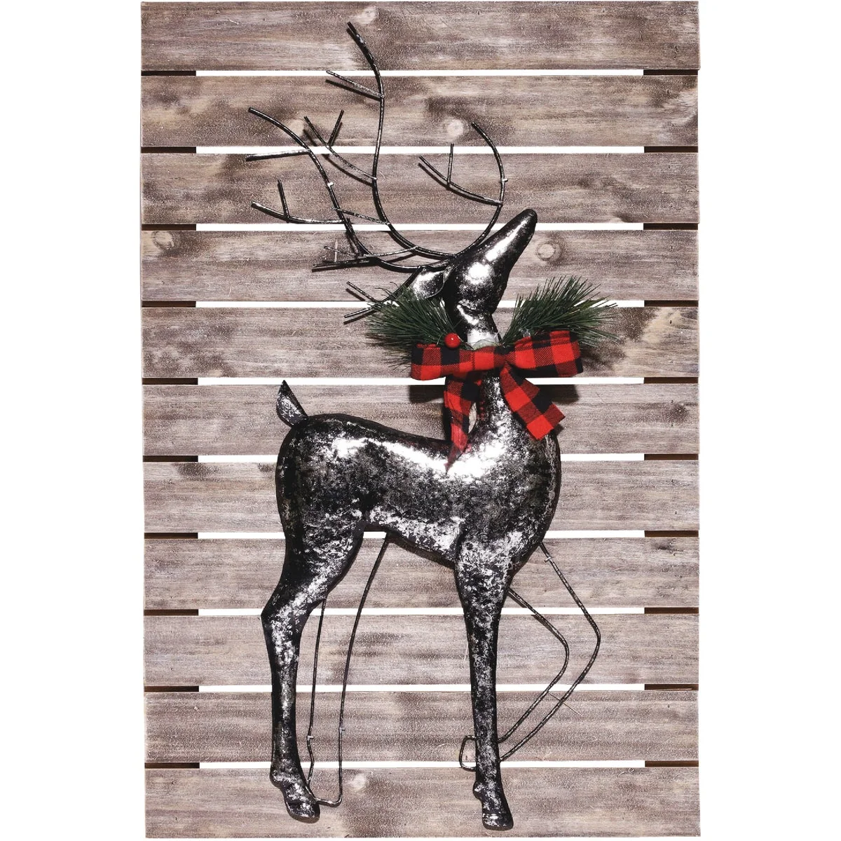 Relaxed Alpine 2 In. W. x 24 In. H. x 15 In. L. Silver Metal Reindeer on Rustic Wood Wall Decoration Clean