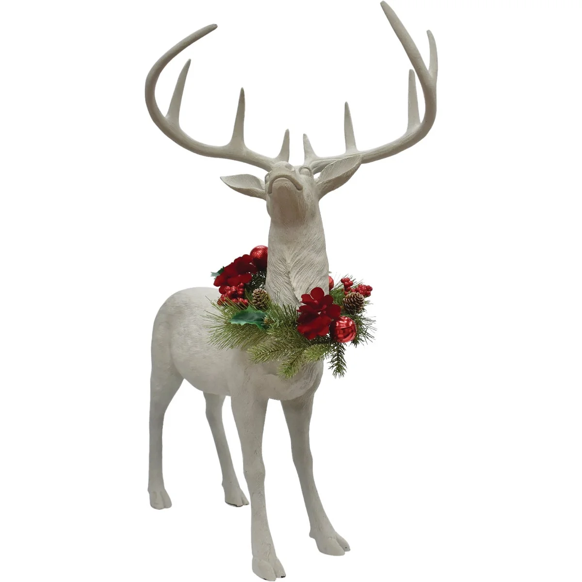 First-Class 34 In. White Standing Deer with Removeable Floral Wreath Pure