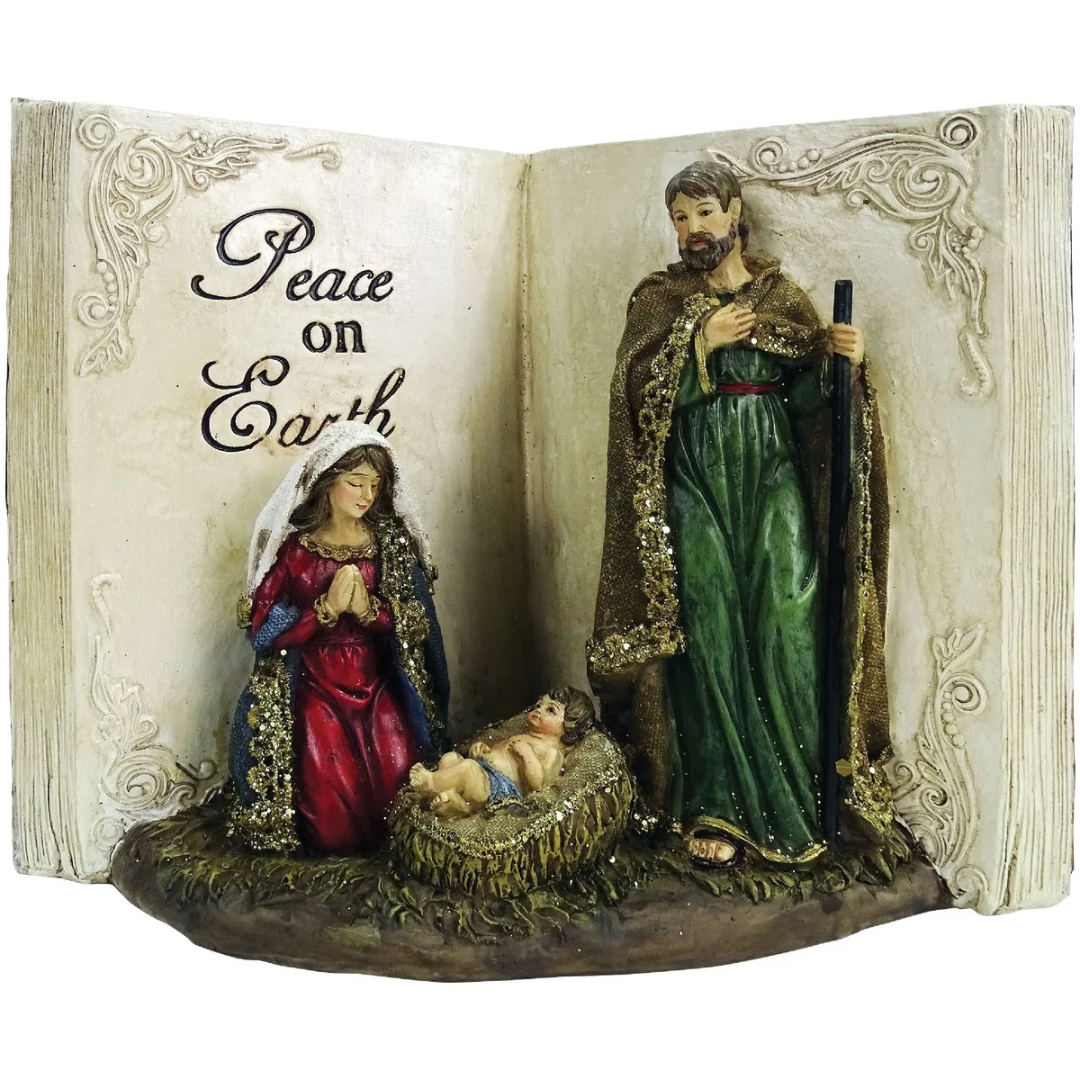 Premium Alpine 7 In. Polystone Peace on Earth Nativity Scene Book Statue High-End