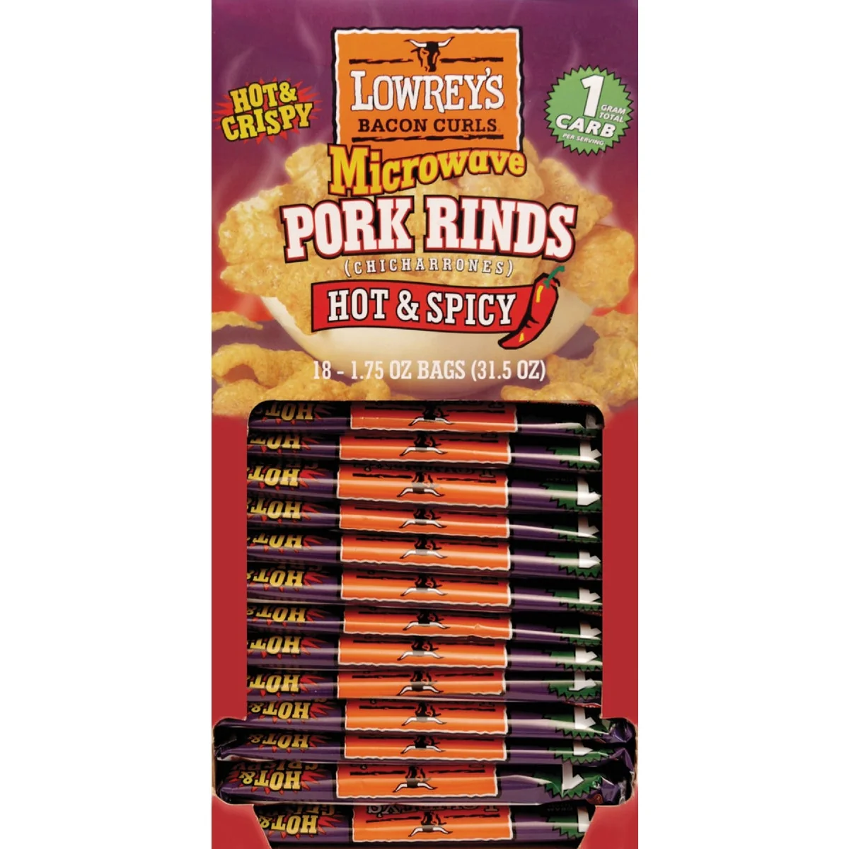 Environmentally Friendly Lowrey’s Bacon Curls 1.75 Oz. Hot Spicy Microwave Pork Rinds Premium