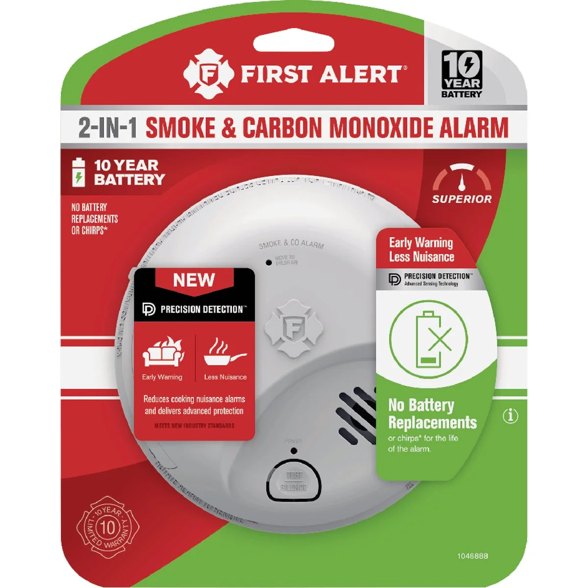 Recyclable First Alert 2-In-1 10-Year Battery Ionization Carbon Monoxide and Smoke Alarm Verified