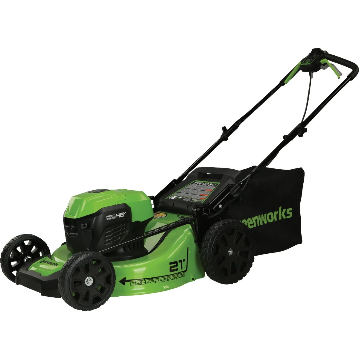 Enhanced Greenworks 48V 2x24V 21 In. Brushless Self-Propelled Lawn Mower w 2 5.0 Ah Batteries and Charger Clean