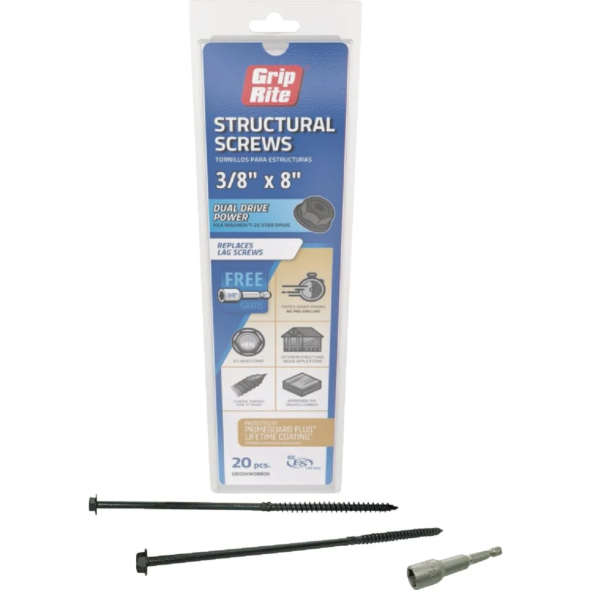 Breathable Grip-Rite PrimeGuard Plus 3 8 In. x 8 In. Hex Washer Head Structural Screw 20-Count Premium