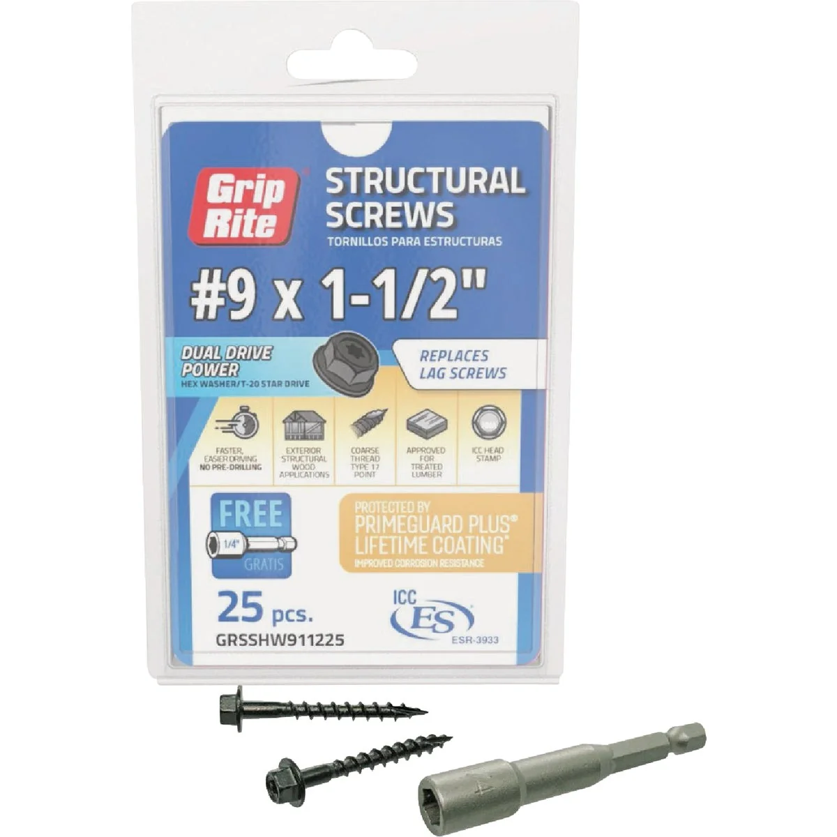 Crafted Grip-Rite PrimeGuard Plus 9 x 1.5 In. Hex Washer Head Structural Screw 25-Count Functional