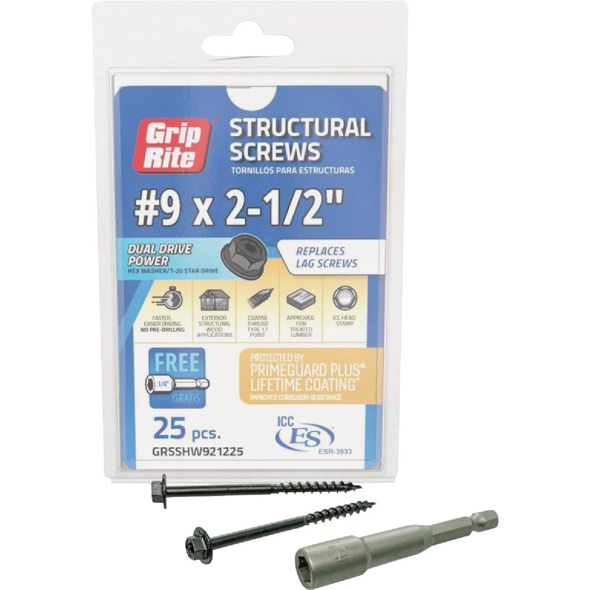 Original Grip-Rite PrimeGuard Plus 9 x 2.5 In. Hex Washer Head Structural Screw 25-Count Organic