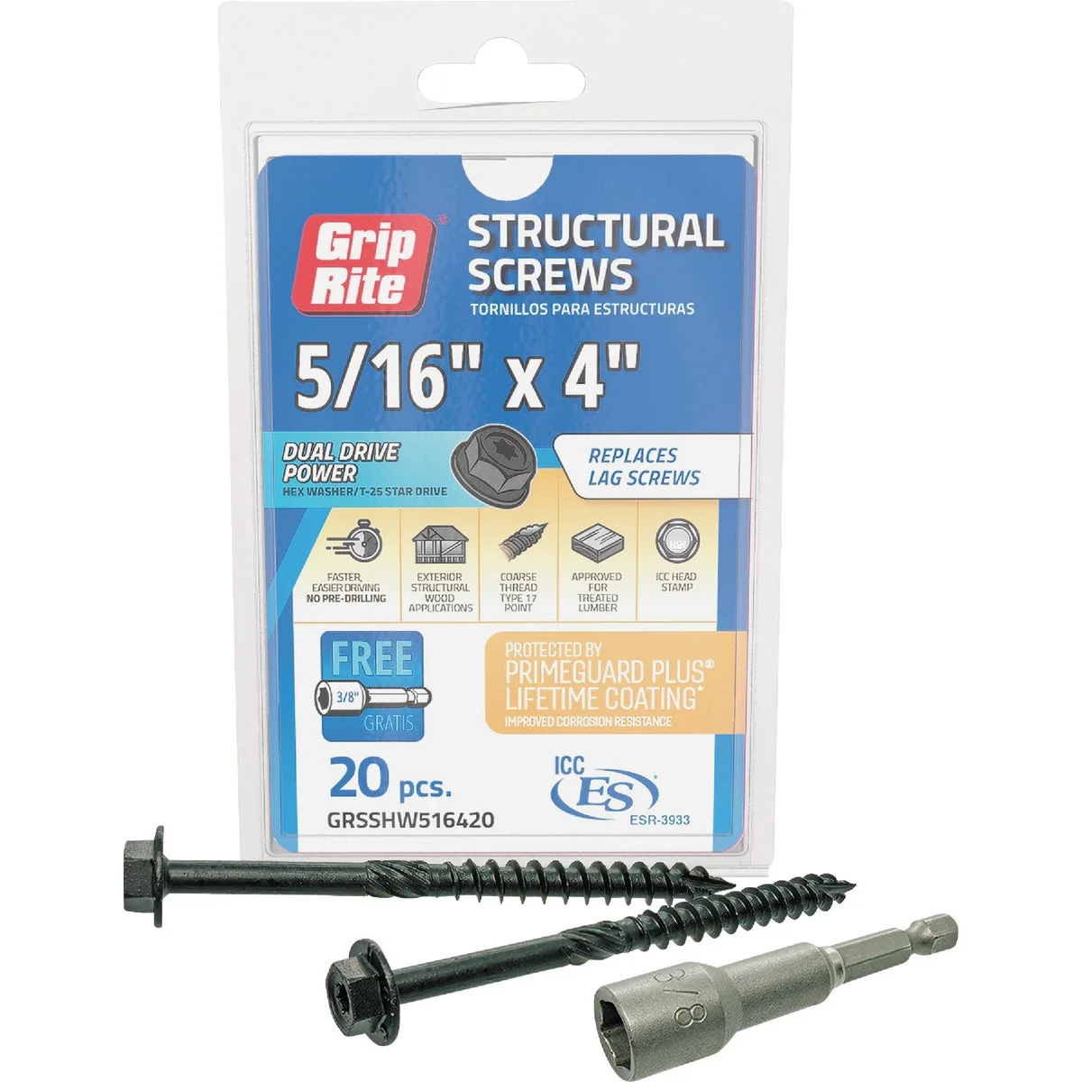 Enhanced Grip-Rite PrimeGuard Plus 5 16 In. x 4 In. Hex Washer Head Structural Screw 20-Count Top-Quality