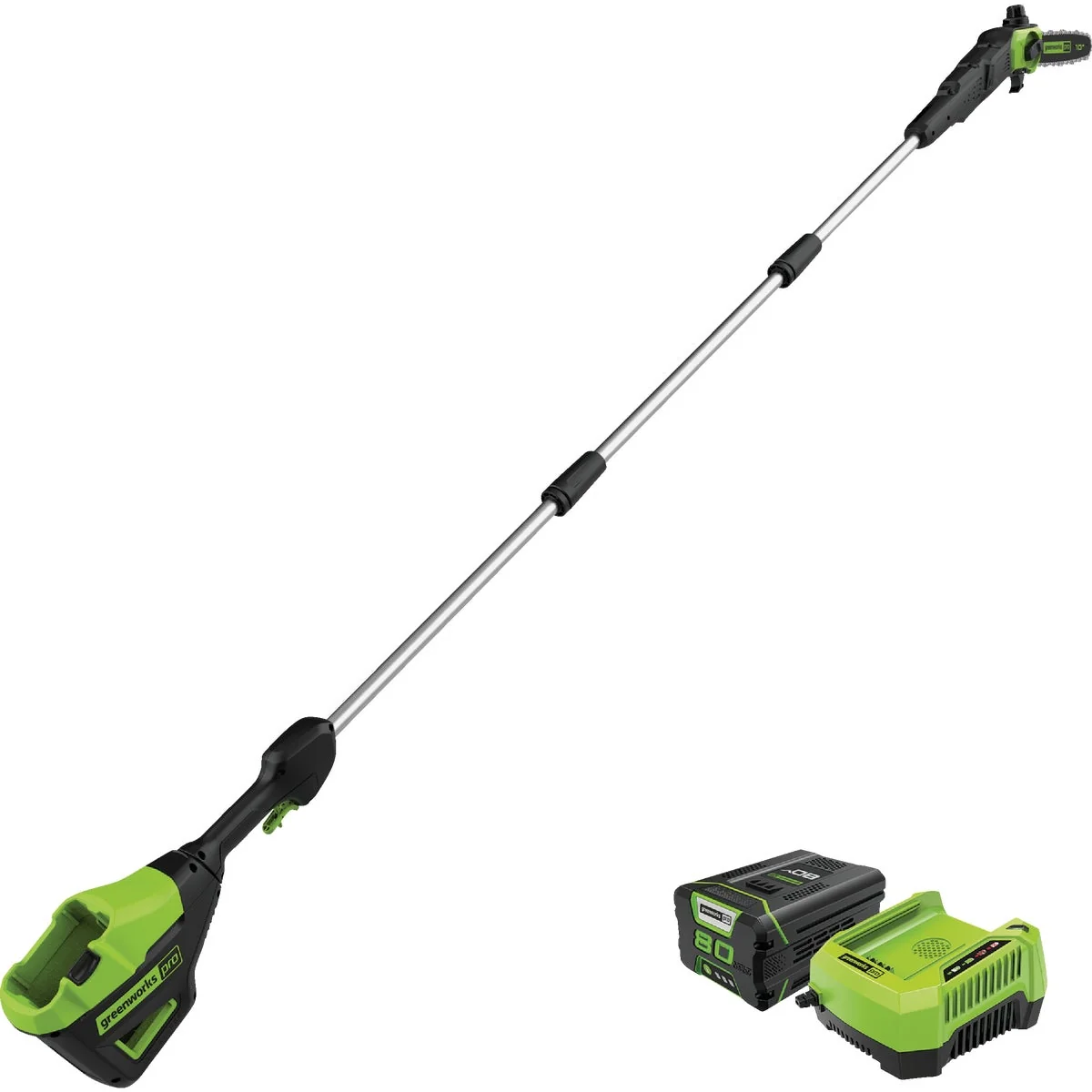 Traditional Greenworks 80V 10 In. Pole Saw with 2.0 Ah Battery Charger Consistent