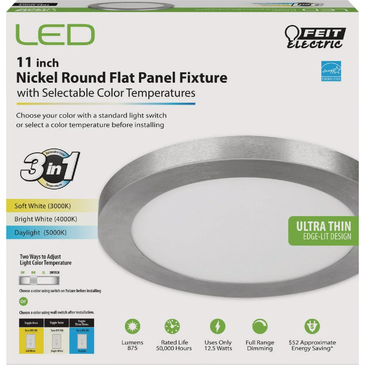 Responsible Feit Electric Edge-Lit 11 In. Nickel Round 4-Way LED Flush Mount Light Safe