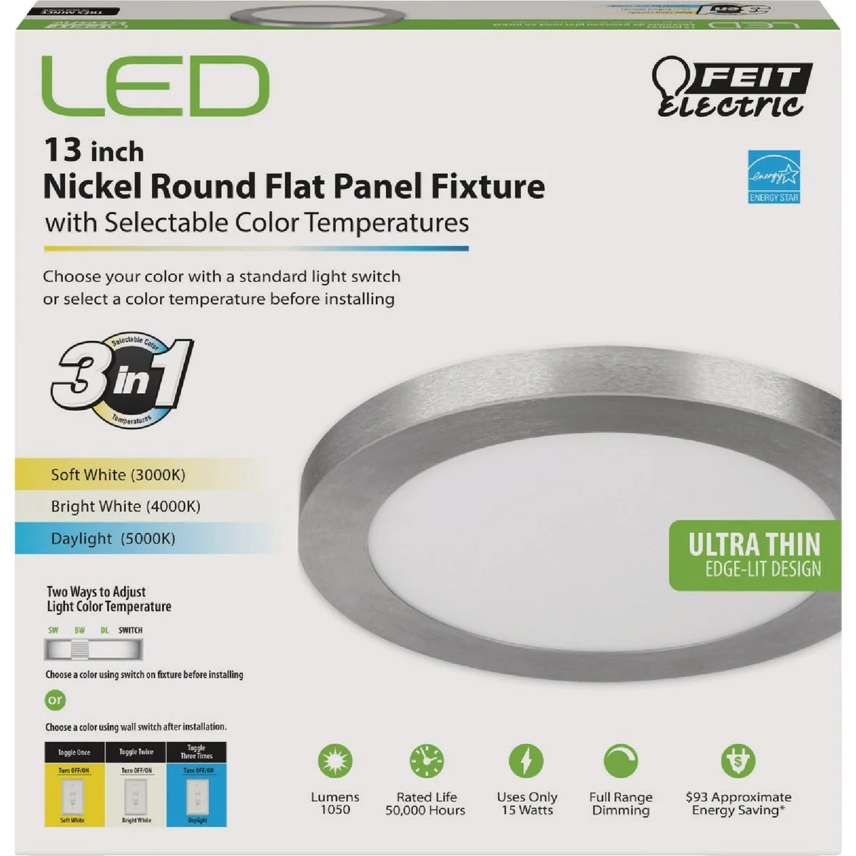 Pure Feit Electric Edge-Lit 13 In. Nickel Round 4-Way LED Flush Mount Light Durable