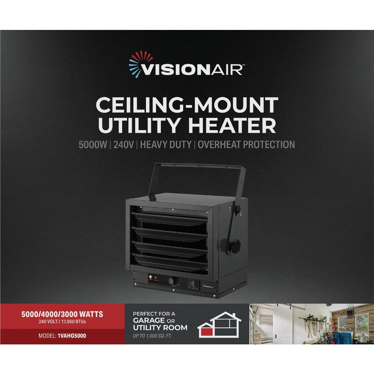 Breathable Vision Air 5000W 4000W 3000W 240V Wire Element Electric Ceiling Mount Heater Optimized