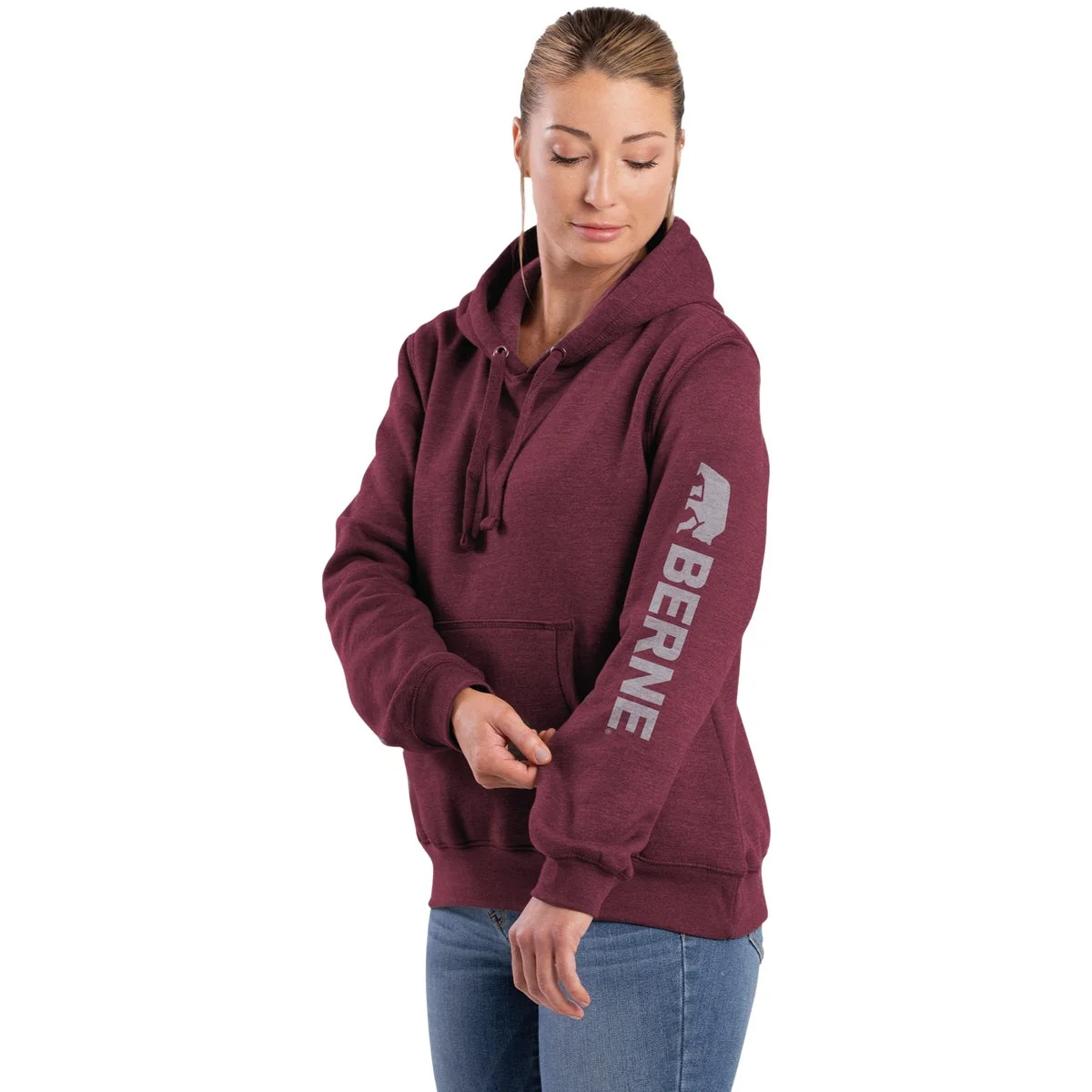 Trendy Berne Medium Cabernet Women’s Signature Sleeve Pullover Hooded Sweatshirt Natural