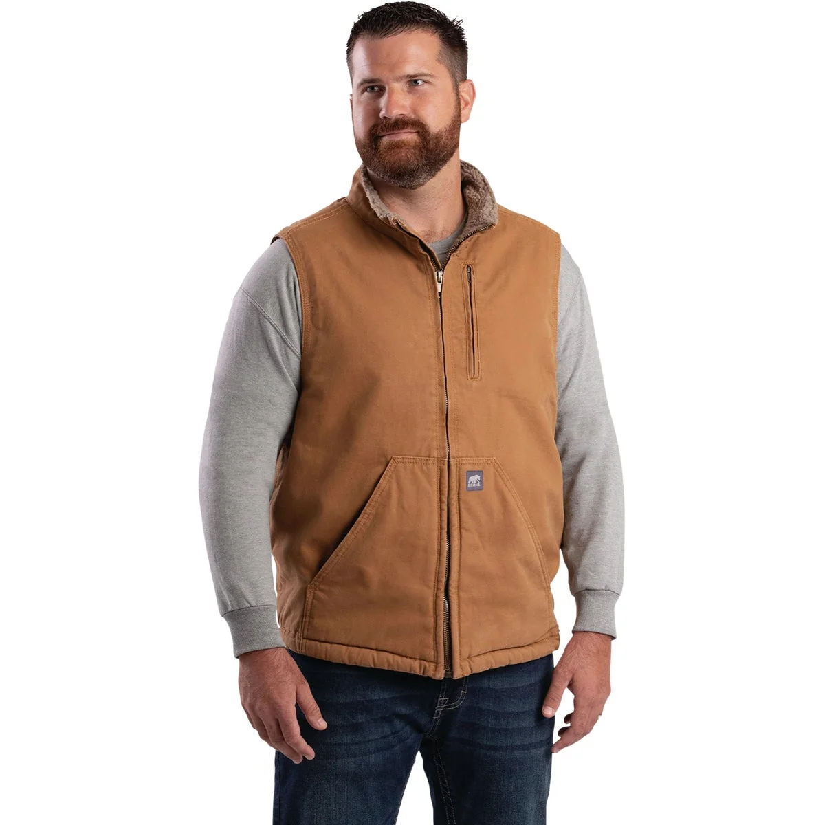 Breathable Berne Heartland Men’s XL Brown Sherpa-Lined Washed Duck Vest Clean