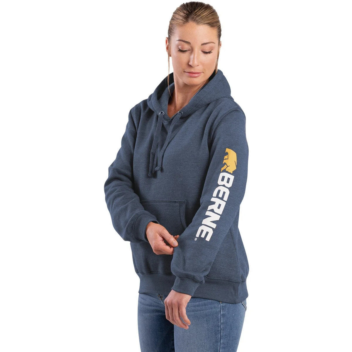 Advanced Berne Medium Steel Blue Women’s Signature Sleeve Pullover Hooded Sweatshirt High-End