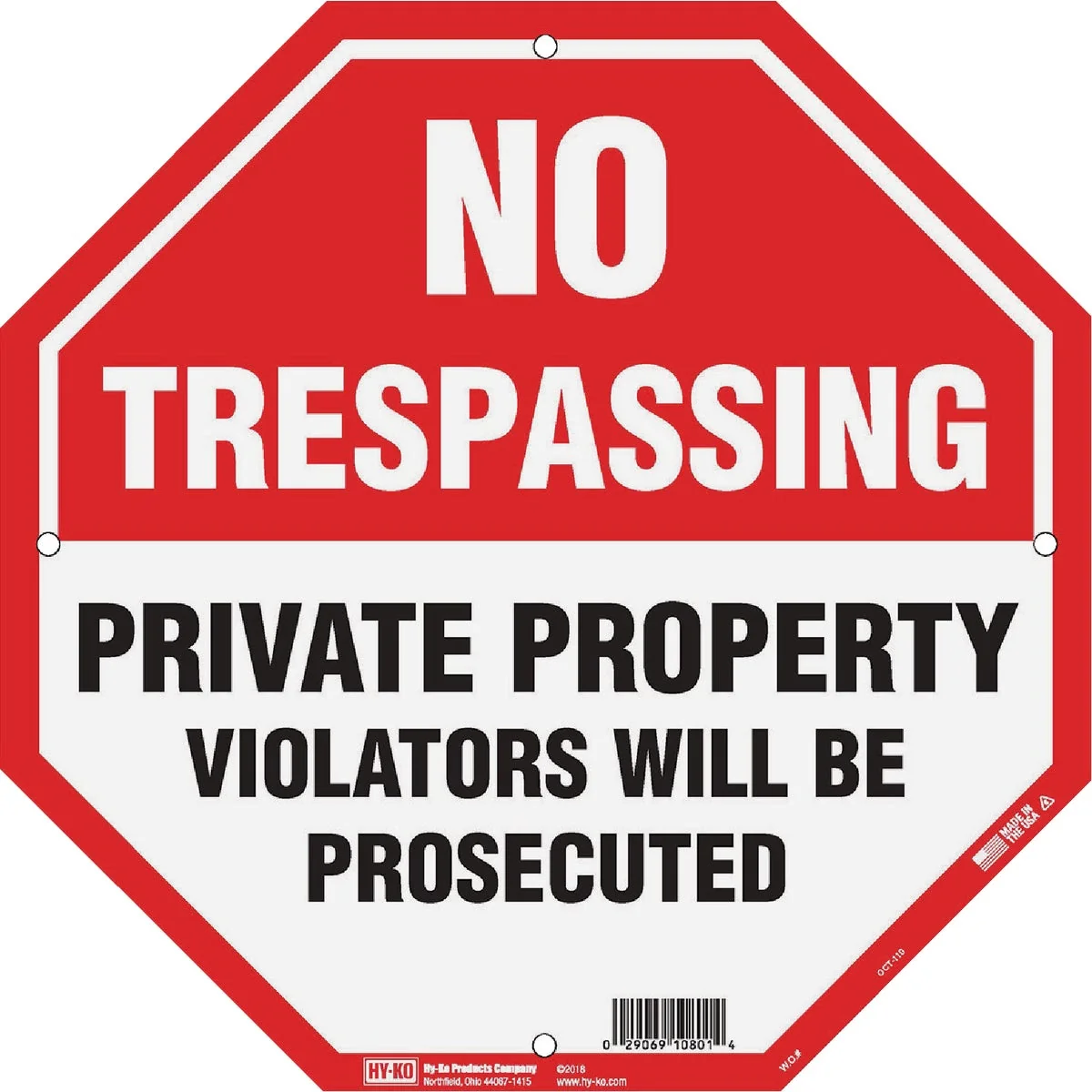 Eco-Friendly Hy-Ko 12 x 12 Plastic Sign No Trespassing Private Property Artisan