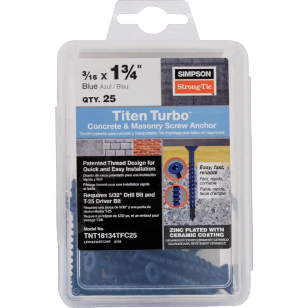 Proven Simpson Strong-Tie Titen Turbo 3 16 in. x 1-3 4 in. 6-Lobe Flat-Head Concrete and Masonry Screw Blue 25-Qty Eco-Friendly