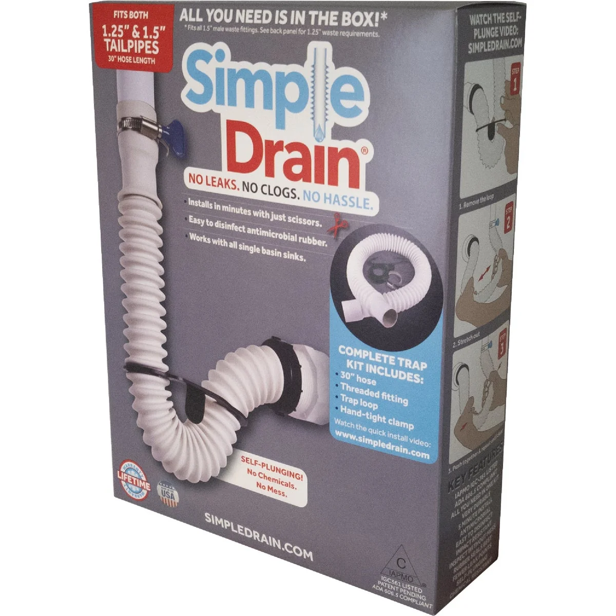 Certified Simple Drain Self-Plunging Sink Drain Universal Trap Repair Kit Elite