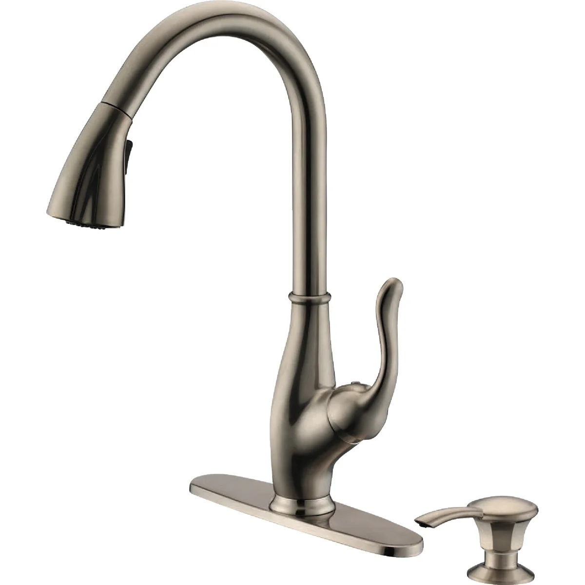 Detailed Compass Manufacturing 5136BN-SD Brookfield Brushed Nickel Single Handle Hi Rise Kitchen Faucet With Soap Dispenser User-Friendly