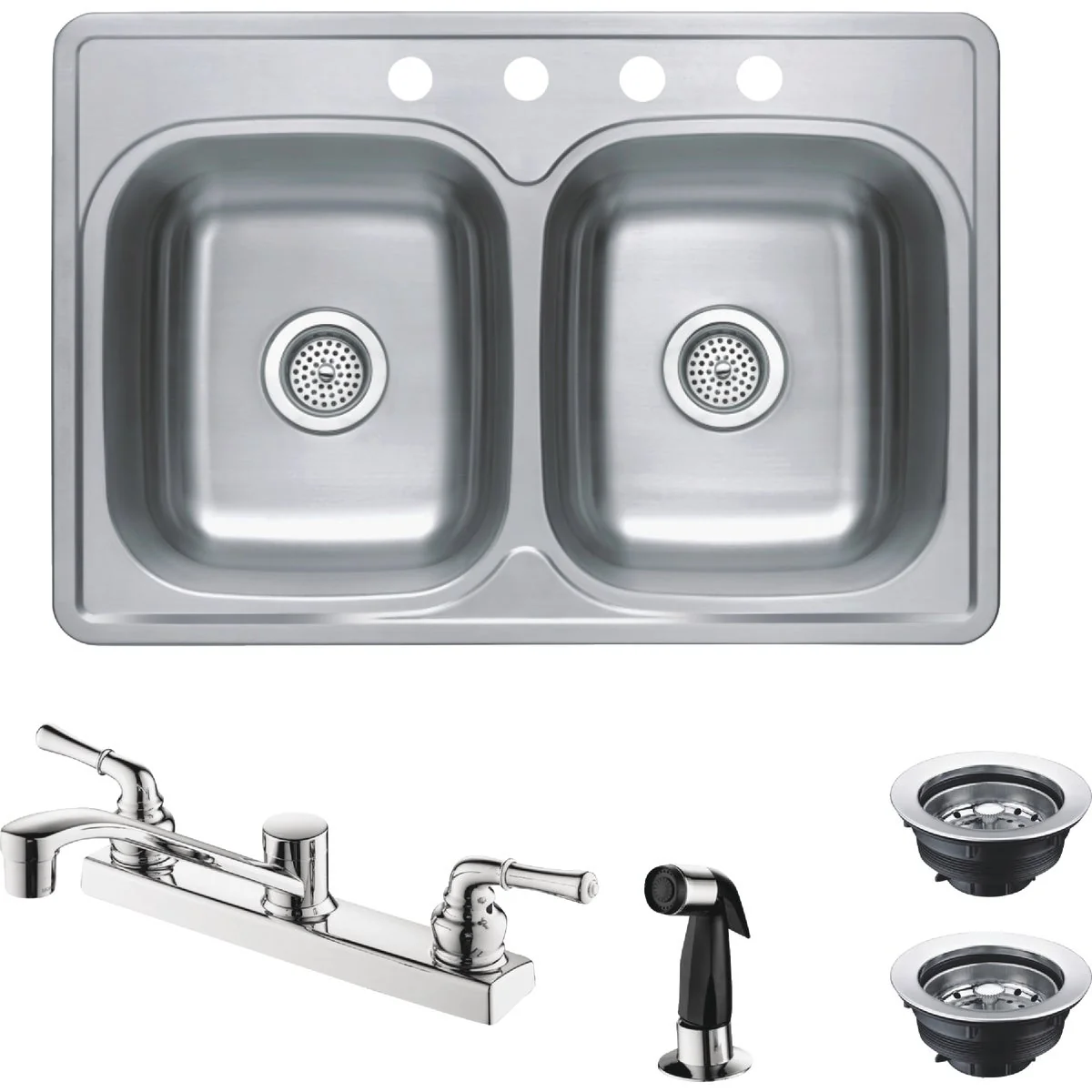 Original CMI Double Bowl 33 In. x 22 In. x 6 In. Stainless Steel Kitchen Sink Kit with 2-Handle Faucet Modern