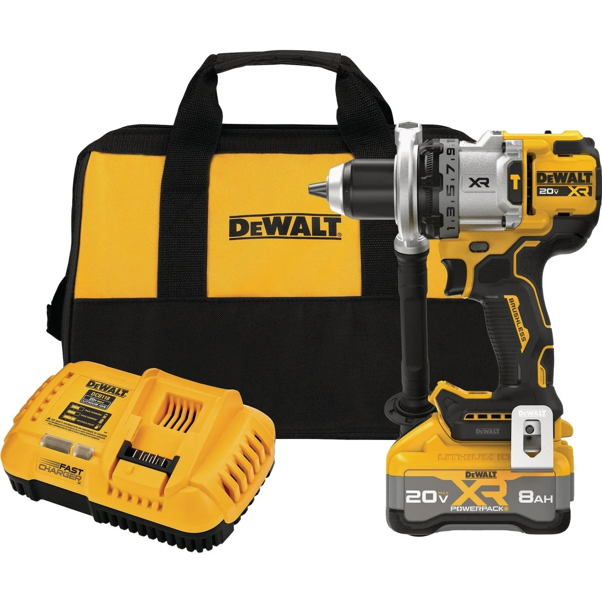 Efficient DEWALT 20V MAX XR Brushless 1 2 In. 3-Speed Cordless Hammer Drill Kit with 8.0 Ah Battery Fast Charger Modern