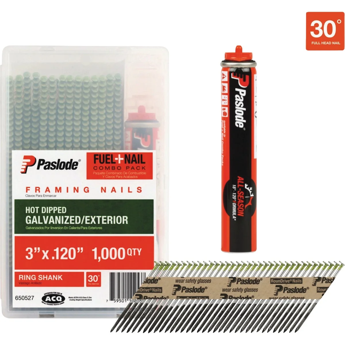 Practical Paslode 3 In. x 0.120 In. 30 Degree Paper Tape Hot Dipped Galvanized Plus Ring Shank RounDrive Framing Nails with Framing Fuell 1000 Ct. Next-Generation