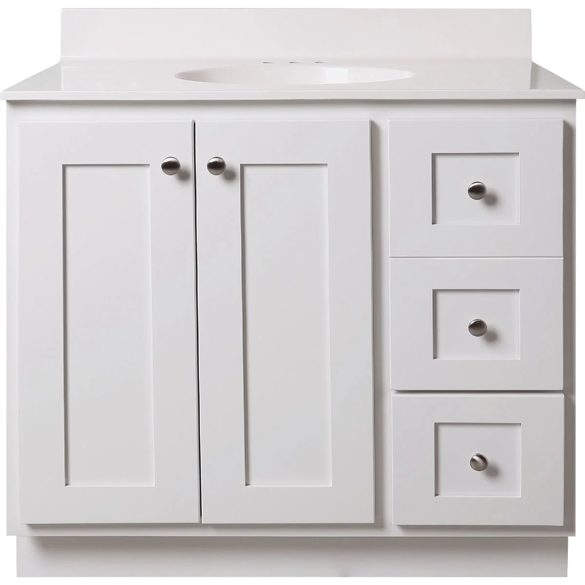 Eco-Friendly Bertch Storage Solutions 36 In. W x 34-1 2 In. H x 21 In. Deep White Vanity Base without Top 2 Door 3 Drawer Artisan