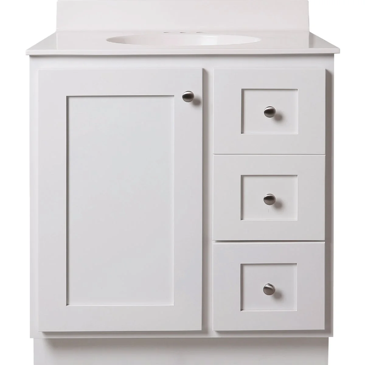 Verified Bertch Storage Solutions 30 In. W x 34-1 2 In. H x 21 In. Deep White Vanity Base without Top 1 Door 3 Drawer Original
