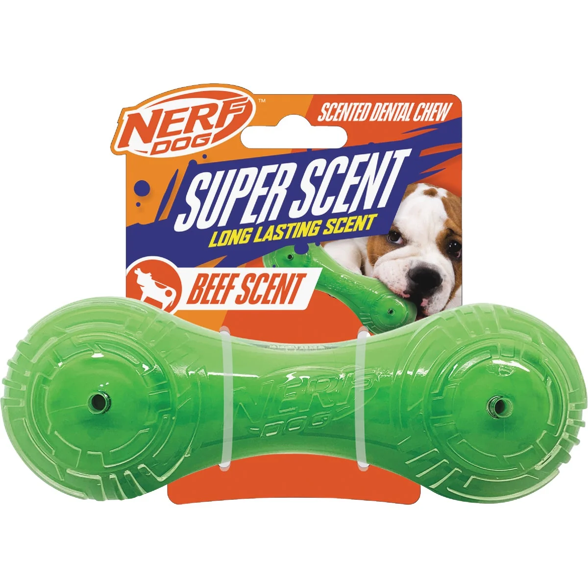Powerful Nerf Dog 7 In. TPR PP Scented Beef Super Scent Barbell Solid Core Superior