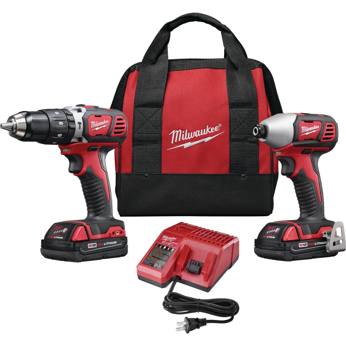 Dependable Milwaukee M18 2-Tool Cordless Compact Hammer Drill Compact Impact Driver Combo Kit with 2 1.5 Ah Batteries Charger Premium
