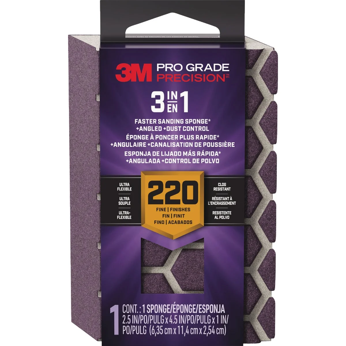 Practical 3M Pro Grade Precision 2.5 In. x 4.5 In. x 1 In. 220 Grit Fine 3-in-1 Sanding Sponge Innovative
