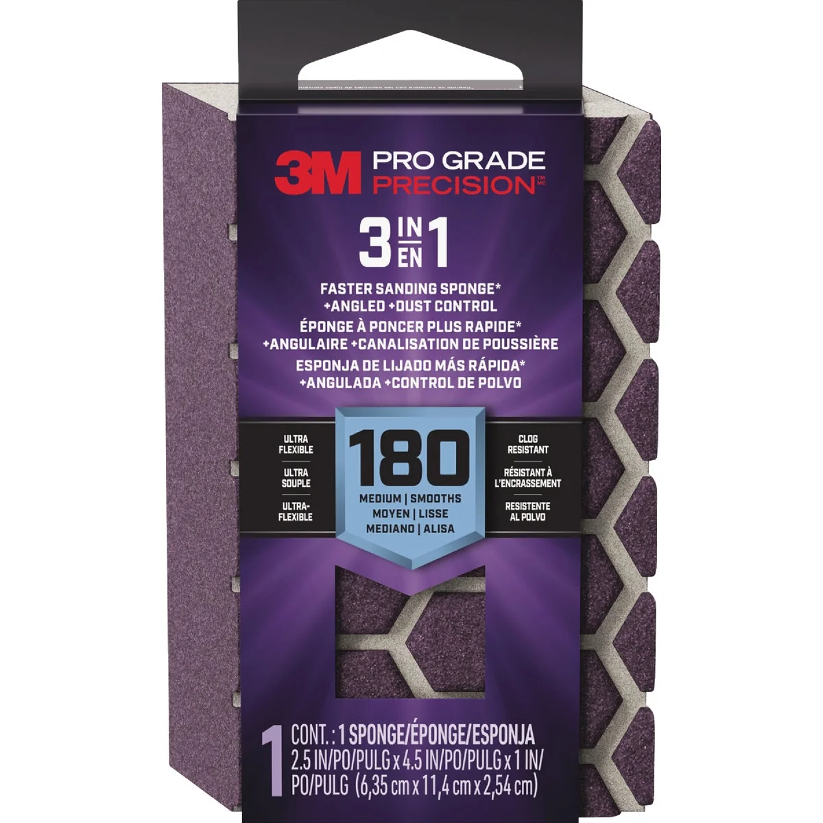 Effective 3M Pro Grade Precision 2.5 In. x 4.5 In. x 1 In. 180 Grit Medium 3-in-1 Sanding Sponge Expertly Made