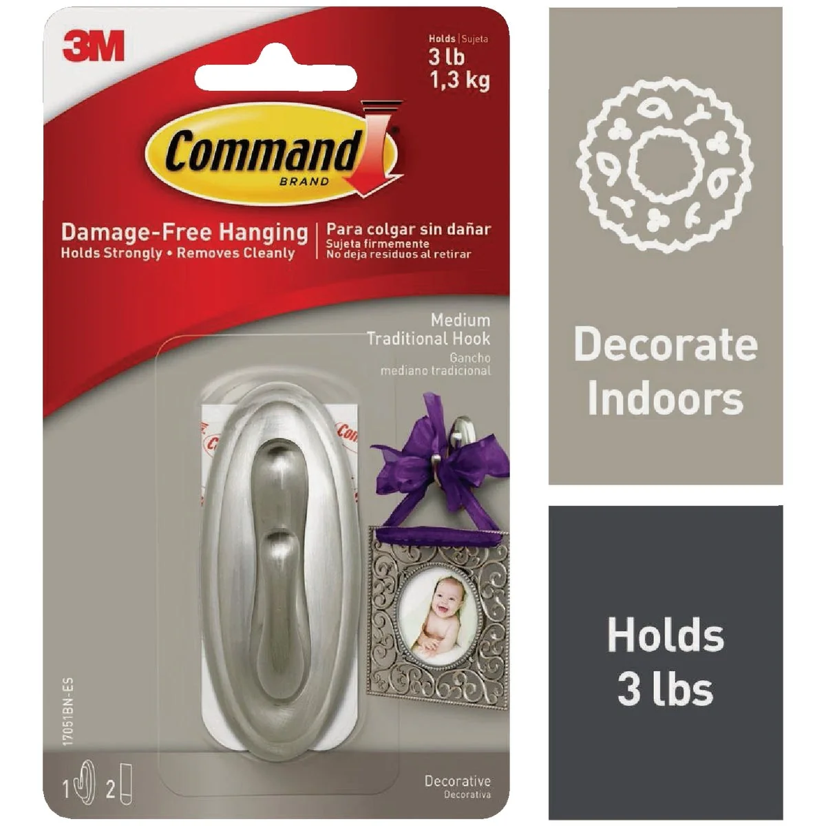 Authentic Command Medium Traditional Hook Brushed Nickel 1 Hook 2 Strips Pack Secure
