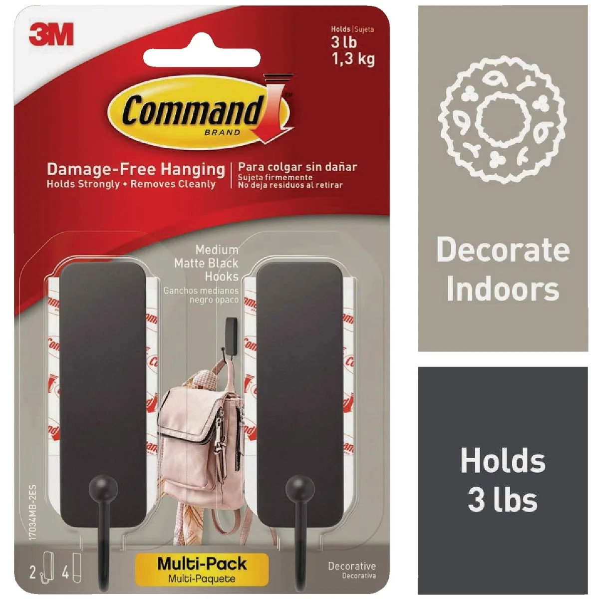 Secure Command Medium Matte Black Decorative Hook 2 Hooks 4 Strips Elegant