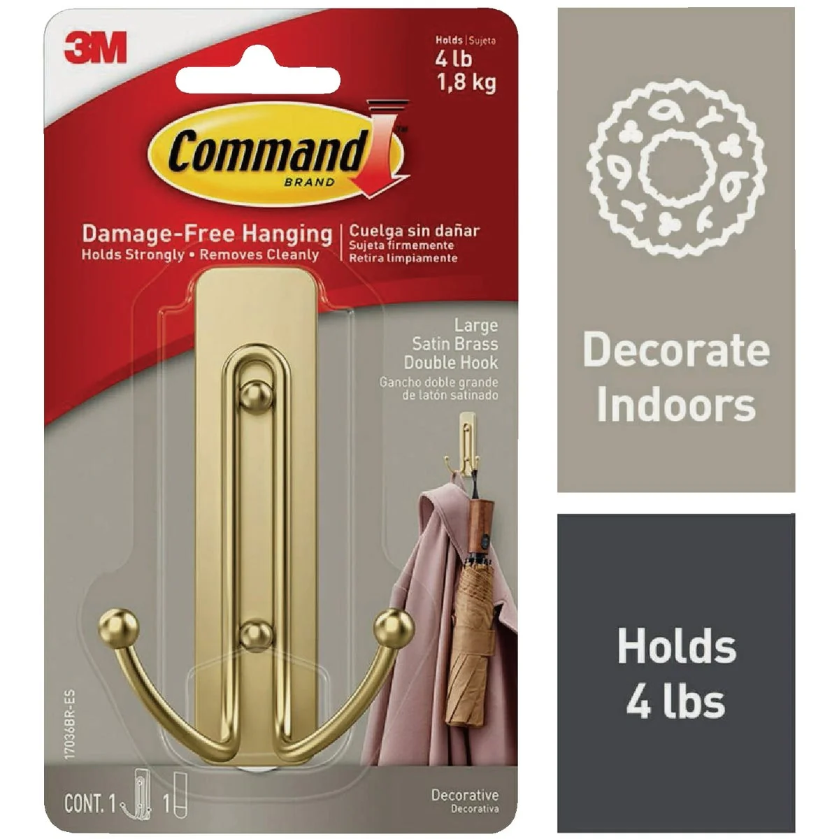 Next-Generation Command Large Decorative Double Hook Satin Brass 1 Hook 1 Strip Premium