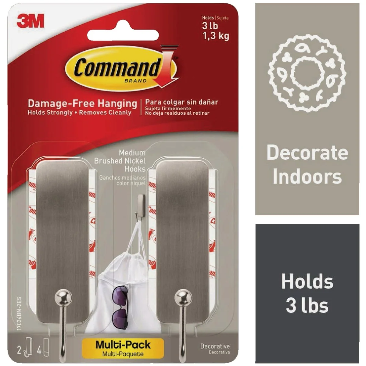 High-Quality Command Medium Brushed Nickel Decorative Hook 2 Hooks 4 Strips Premium Material