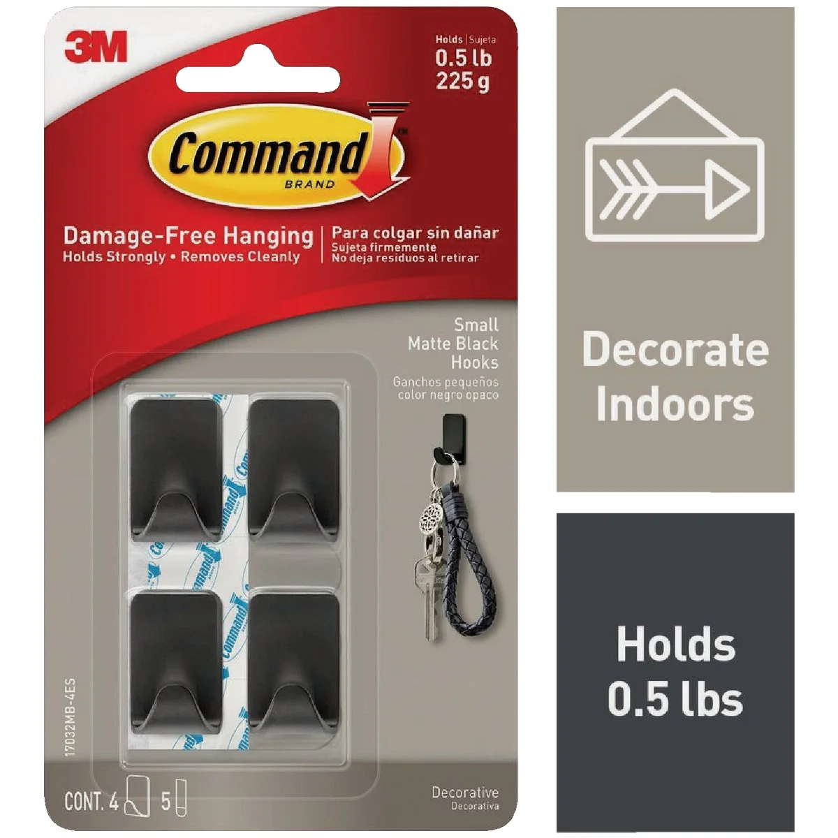 Exceptional Command Small Matte Black Decorative Hook 4 Hooks 5 Strips Original Design