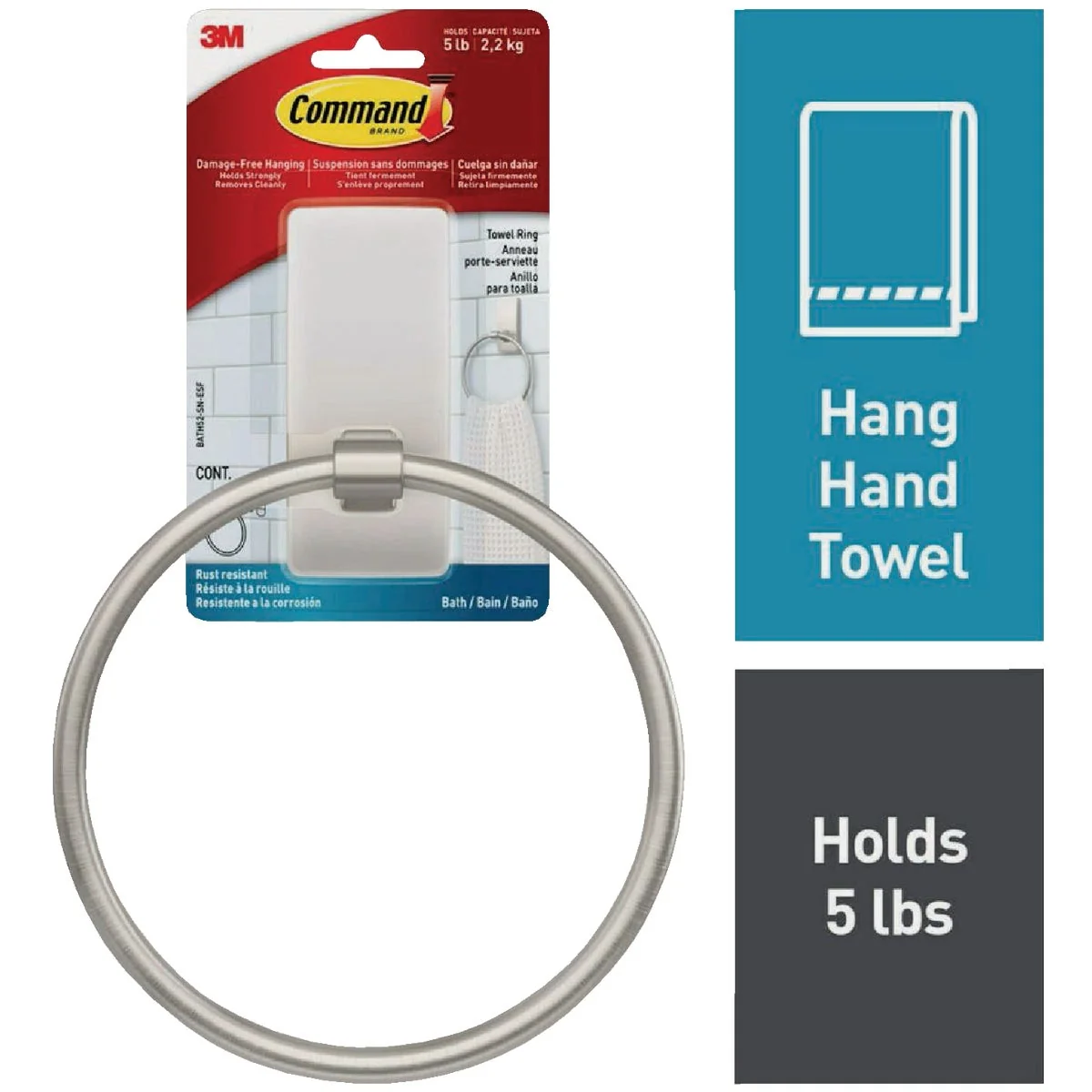 Versatile Command Bath Satin Nickel Towel Ring 2 Strips Natural