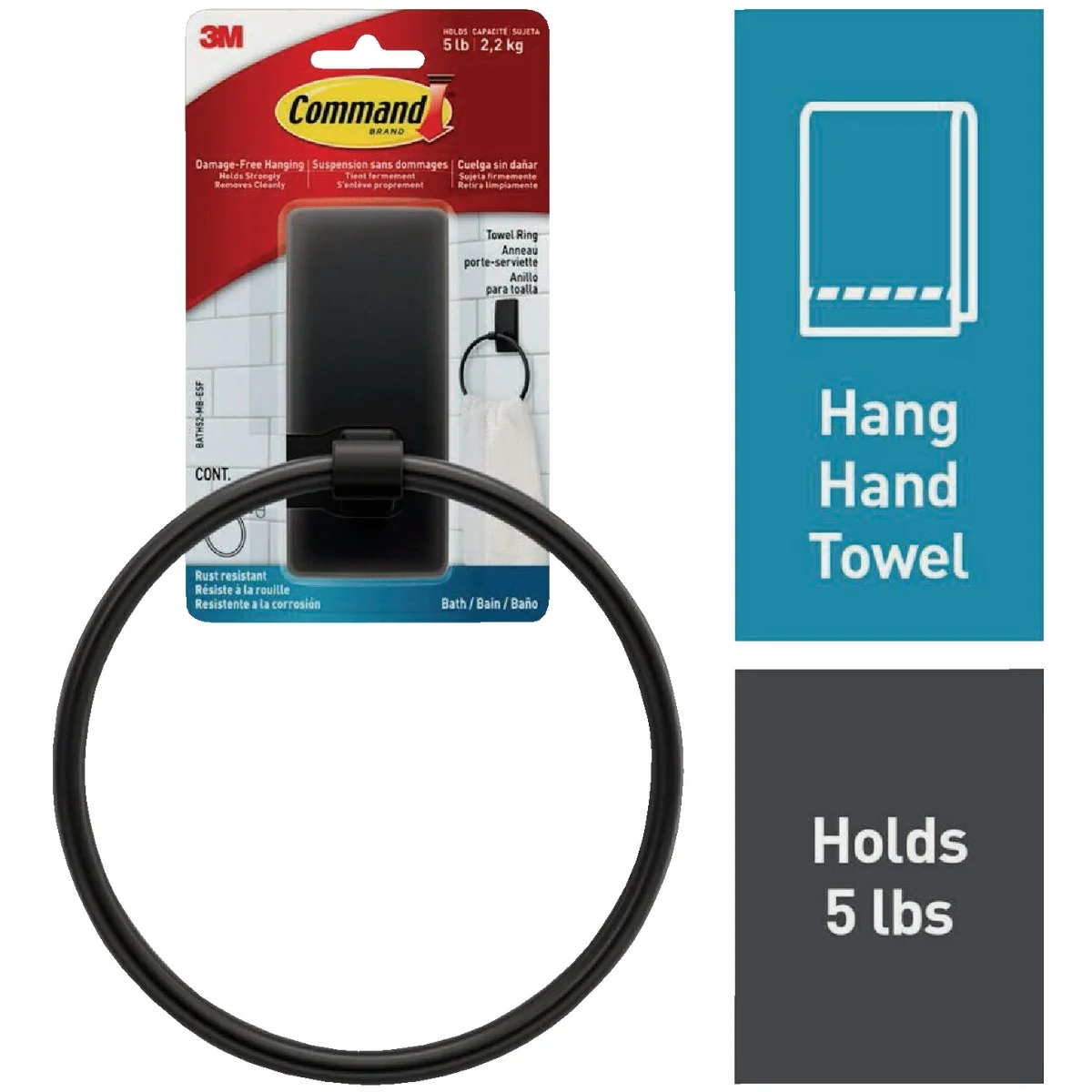 Clean Command Bath Matte Black Towel Ring 2 Strips Optimized