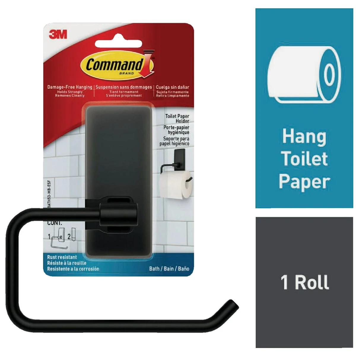 Artisan Command Bath Matte Black Toilet Paper Holder 2 Strips Eco-Friendly