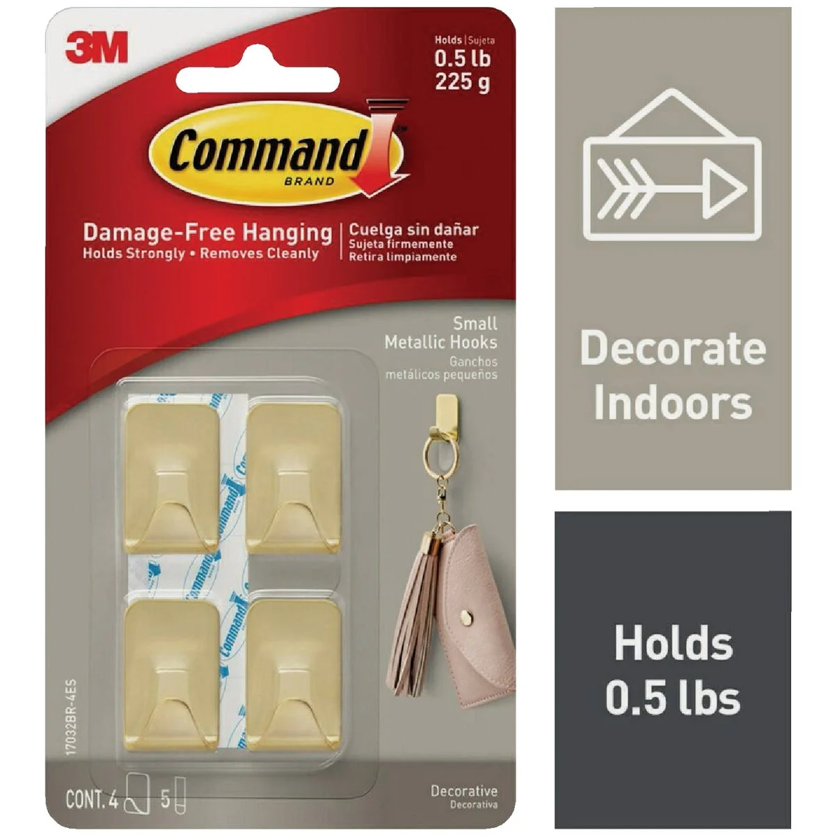 Fast Command Small Metallic Brass Decorative Hook 4 Hooks 5 Strips Environmentally Friendly