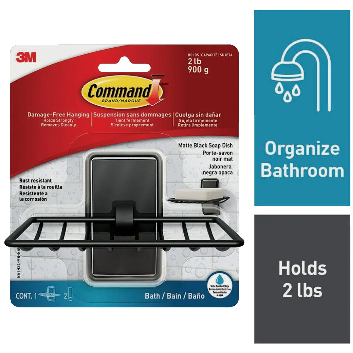 Optimized Command Soap Dish Matte Black 2 Medium Water-Resistant Strips Original