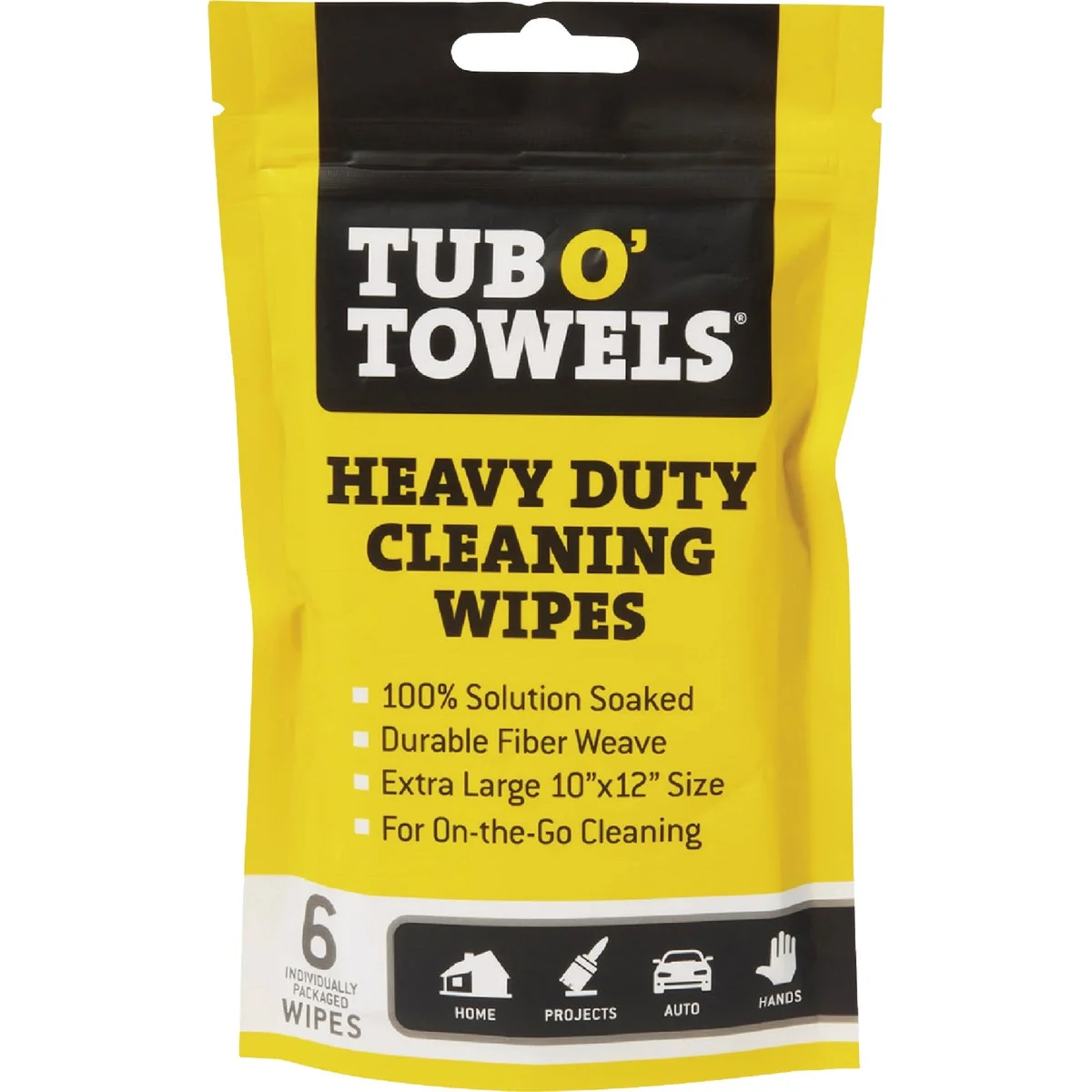 Recyclable Tub O’ Towels Heavy Duty Cleaning Wipes Singles Pouch 6-Count High-Grade