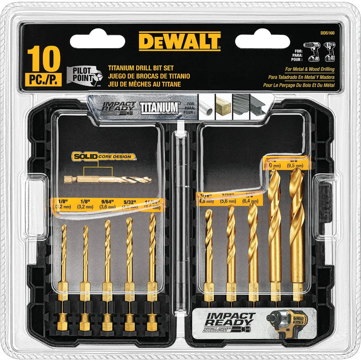 World-Class DeWalt Impact Ready 10-Piece Titanium Hex Shank Drill Bit Set 1 8 In. thru 3 8 In. Unique