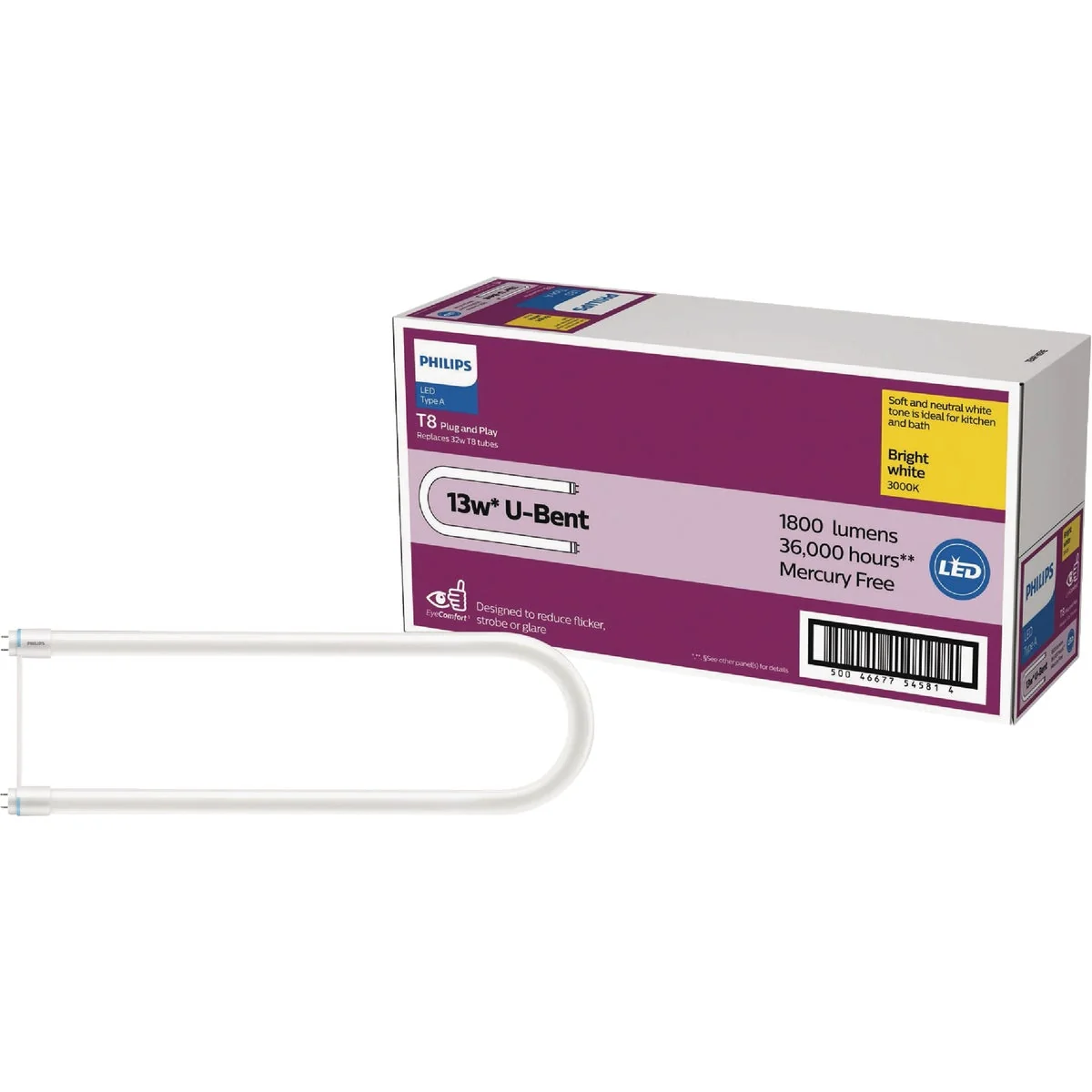 Advanced Philips InstantFit 32W Equivalent U-Bent T8 Type A Bright White LED Tube Light Bulb Certified